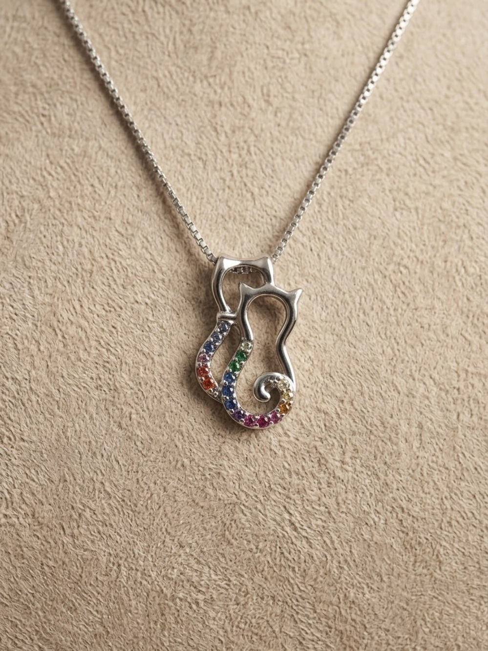925 Sterling Silver Rainbow Cat Outline Pendant Necklace